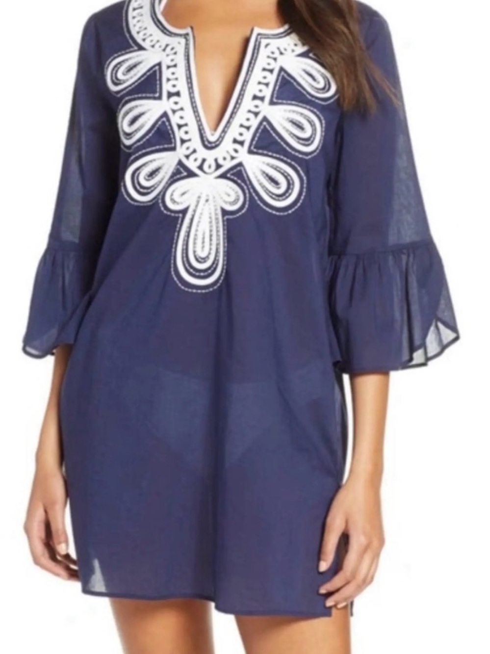 Lilly Pulitzer Piet Cover Up tunic dress Size M V Neck Navy Blue/white Cotton